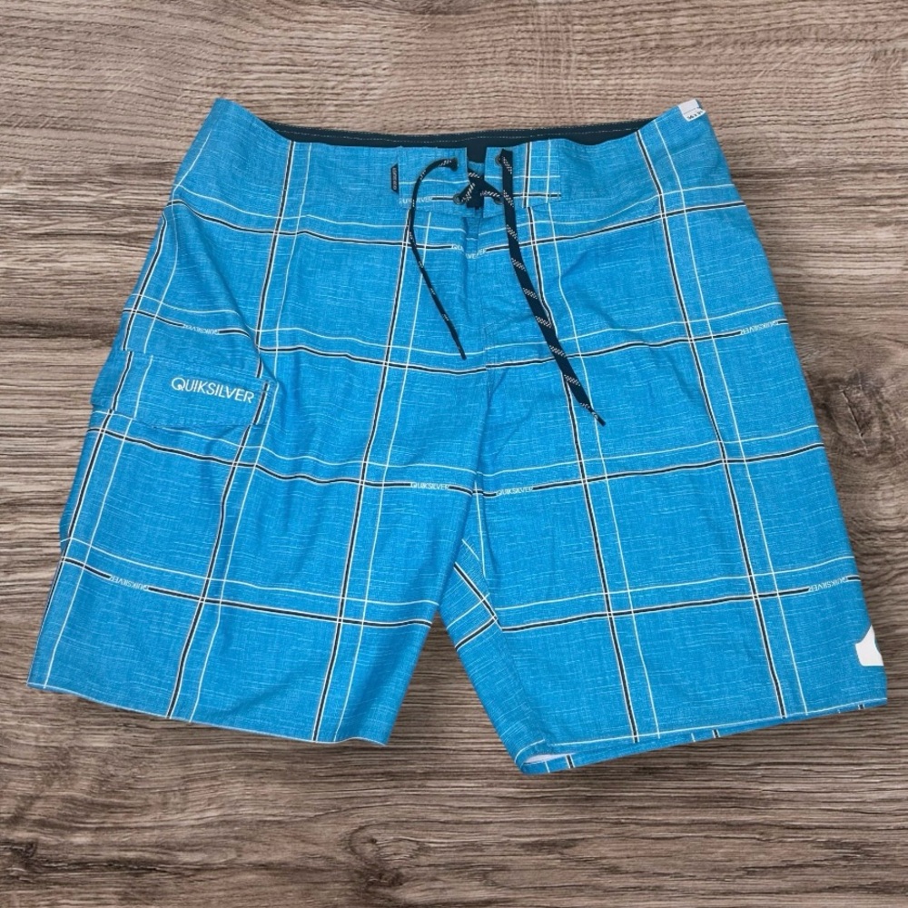Quiksilver Electric 21‎ Blue Board Shorts Quick-Dry Plaid Draw Cord Sz 36